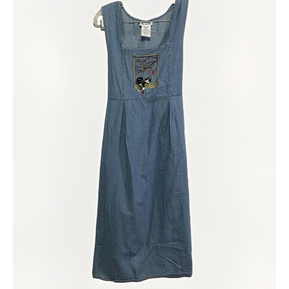Vintage Blair Women’s Blue Denim Jumper Dress Cat Embroidery Fall Medium Teacher